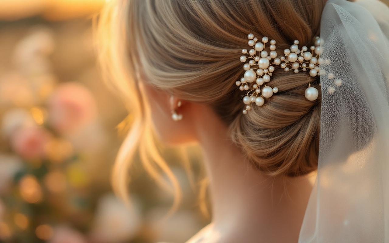 Gros plan d'un chignon de mariée élégant orné d'épingles à perles, finition soignée et texture délicate des cheveux, lumière dorée douce de coucher de soleil, voile et fleurs flous en arrière-plan.