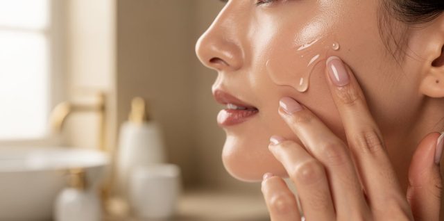 Femme appliquant un sérum aux peptides de collagène sur le visage