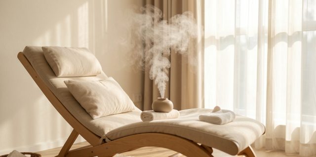 Espace bien-être à domicile élégant avec transat en bois clair, vapeur douce, lumière tamisée et ambiance apaisante.