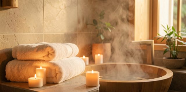 Salle de bain zen apaisante avec des bougies allumées, des serviettes moelleuses et une légère vapeur, ambiance naturelle et relaxante.