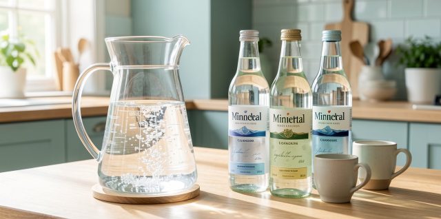 Carafe filtrante en verre accompagnée de bouteilles d’eau minérale sur une table de cuisine lumineuse, dans une ambiance éditoriale bien-être.