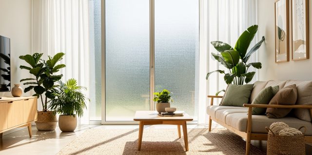 Salon contemporain lumineux avec une grande baie vitrée équipée d’un film solaire transparent discret, des plantes vertes et des matières naturelles dans une ambiance douce et estivale.
