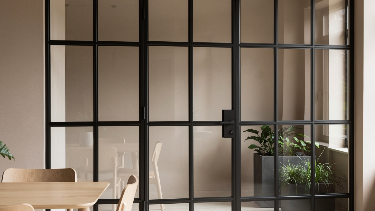 Verrière d’atelier noire aux vitrages traités contre la chaleur dans un intérieur élégant et minimaliste, baigné de lumière naturelle filtrée.