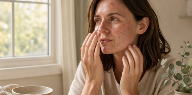 Femme adulte appliquant délicatement une crème hydratante sur une peau sèche et sujette aux imperfections, dans une ambiance douce et naturelle.