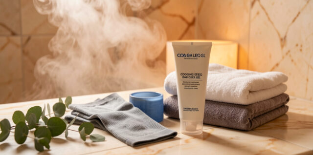 Bas de compression et gel rafraîchissant pour jambes lourdes disposés dans un hammam avec serviettes, marbre et vapeur douce.