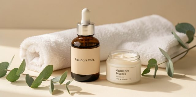 Routine de soin douce avec un flacon ambré sans étiquette, une crème hydratante, une serviette en coton et des feuilles vertes sur un fond clair.