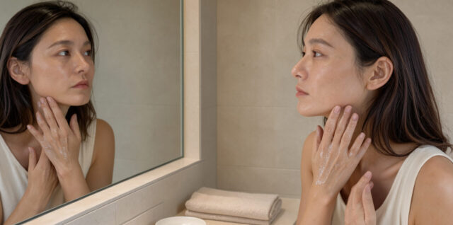 Femme appliquant délicatement un gel transparent sur son cou devant un miroir, dans une salle de bain sobre éclairée par une lumière naturelle douce.