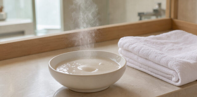 Salle de bain lumineuse avec brume d’eau thermale, masque visage hydratant, serviette blanche et ambiance spa naturelle.